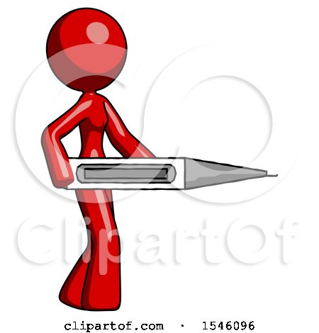 Red Design Mascot Woman Walking with Large Thermometer by Leo Blanchette