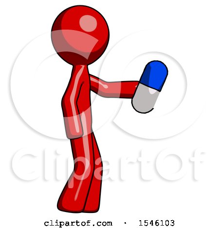 Red Design Mascot Man Holding Blue Pill Walking to Right by Leo Blanchette