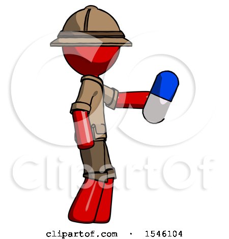 Red Explorer Ranger Man Holding Blue Pill Walking to Right by Leo Blanchette