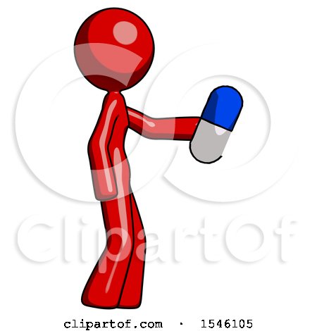 Red Design Mascot Woman Holding Blue Pill Walking to Right by Leo Blanchette