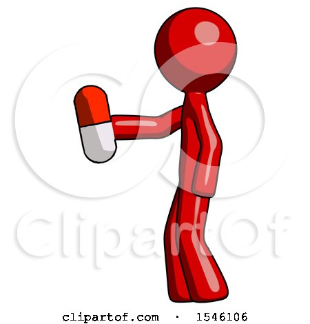 Red Design Mascot Man Holding Red Pill Walking to Left by Leo Blanchette