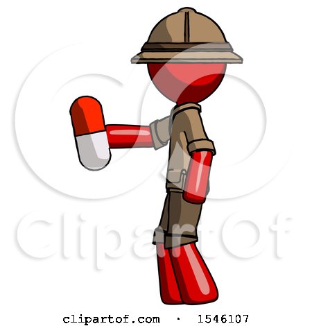 Red Explorer Ranger Man Holding Red Pill Walking to Left by Leo Blanchette