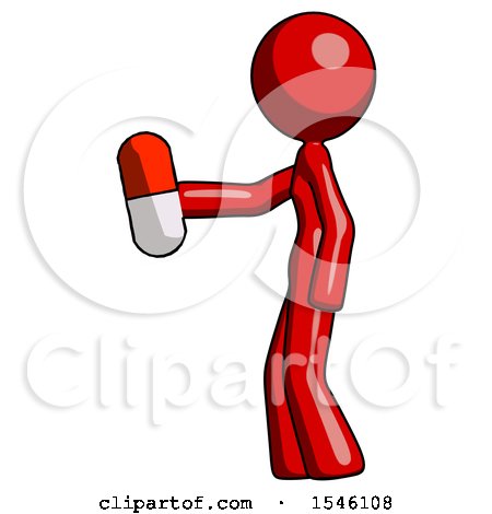 Red Design Mascot Woman Holding Red Pill Walking to Left by Leo Blanchette