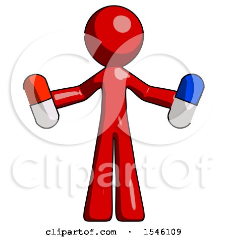 Red Design Mascot Man Holding a Red Pill and Blue Pill by Leo Blanchette