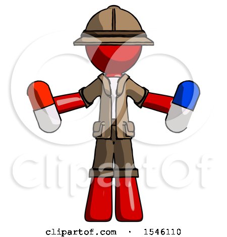 Red Explorer Ranger Man Holding a Red Pill and Blue Pill by Leo Blanchette