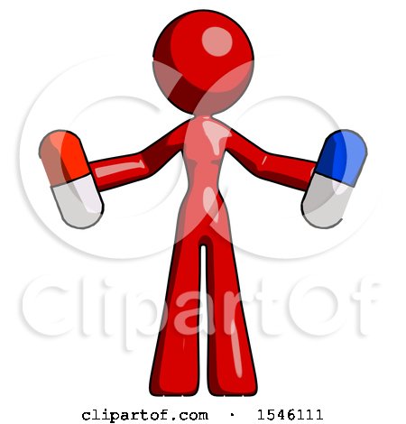 Red Design Mascot Woman Holding a Red Pill and Blue Pill by Leo Blanchette