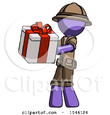 Purple Explorer Ranger Man Presenting a Present with Large Red Bow on It by Leo Blanchette