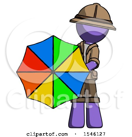 Purple Explorer Ranger Man Holding Rainbow Umbrella out to Viewer by Leo Blanchette