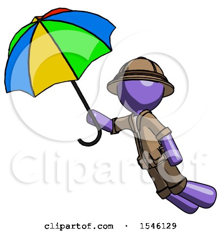 Purple Explorer Ranger Man Flying with Rainbow Colored Umbrella by Leo Blanchette