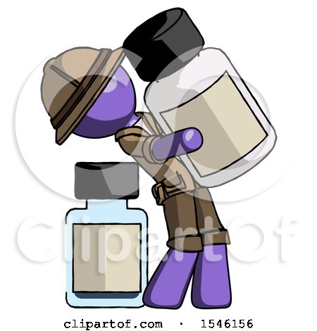 Purple Explorer Ranger Man Holding Large White Medicine Bottle with Bottle in Background by Leo Blanchette