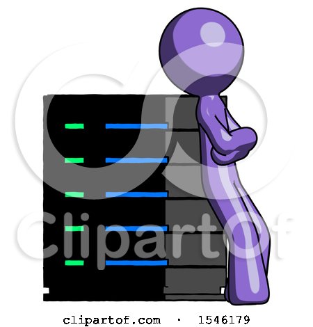 Purple Design Mascot Man Resting Against Server Rack Viewed at Angle by Leo Blanchette