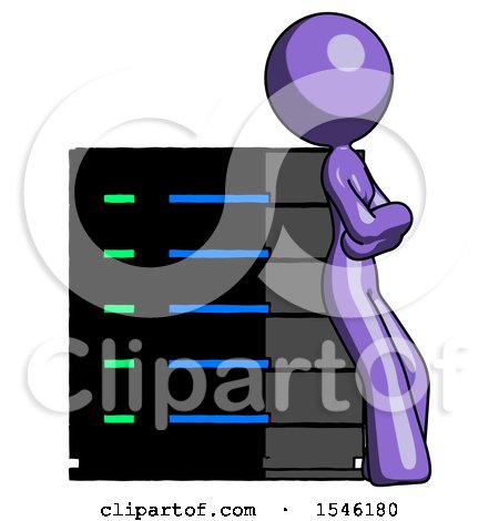 Purple Design Mascot Woman Resting Against Server Rack Viewed at Angle by Leo Blanchette
