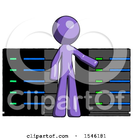 Purple Design Mascot Man with Server Racks, in Front of Two Networked Systems by Leo Blanchette