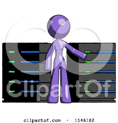 Purple Design Mascot Woman with Server Racks, in Front of Two Networked Systems by Leo Blanchette
