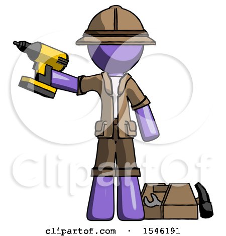 Purple Explorer Ranger Man Holding Drill Ready to Work, Toolchest and Tools to Right by Leo Blanchette