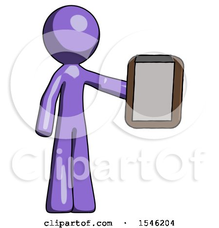 Purple Design Mascot Man Showing Clipboard to Viewer by Leo Blanchette