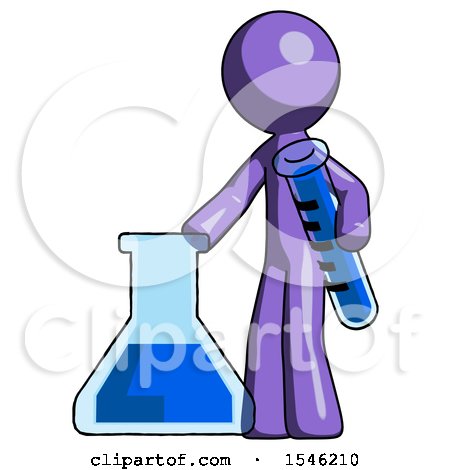 Purple Design Mascot Man Holding Test Tube Beside Beaker or Flask by Leo Blanchette