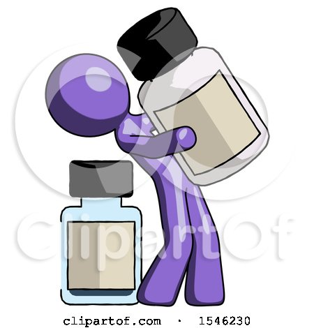 Purple Design Mascot Man Holding Large White Medicine Bottle with Bottle in Background by Leo Blanchette