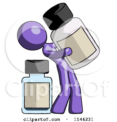 Purple Design Mascot Woman Holding Large White Medicine Bottle with Bottle in Background by Leo Blanchette