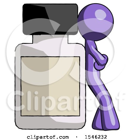 Purple Design Mascot Man Leaning Against Large Medicine Bottle by Leo Blanchette