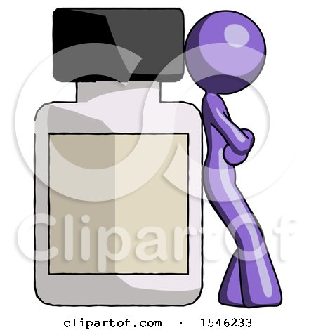 Purple Design Mascot Woman Leaning Against Large Medicine Bottle by Leo Blanchette