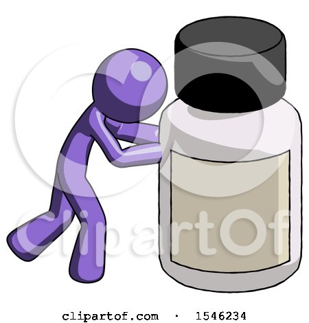 Purple Design Mascot Man Pushing Large Medicine Bottle by Leo Blanchette