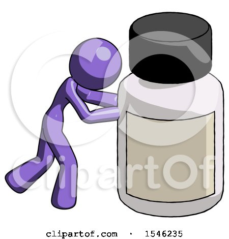Purple Design Mascot Woman Pushing Large Medicine Bottle by Leo Blanchette