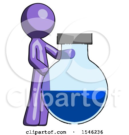 Purple Design Mascot Man Standing Beside Large Round Flask or Beaker by Leo Blanchette