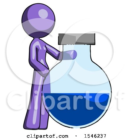 Purple Design Mascot Woman Standing Beside Large Round Flask or Beaker by Leo Blanchette