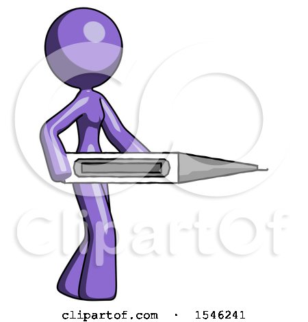 Purple Design Mascot Woman Walking with Large Thermometer by Leo Blanchette
