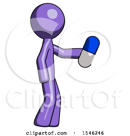 Purple Design Mascot Man Holding Blue Pill Walking to Right by Leo Blanchette