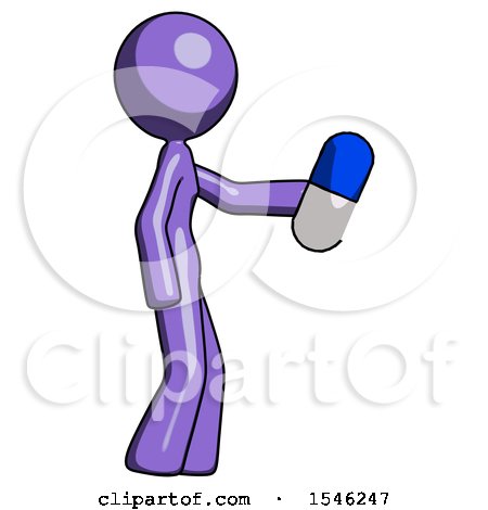 Purple Design Mascot Woman Holding Blue Pill Walking to Right by Leo Blanchette