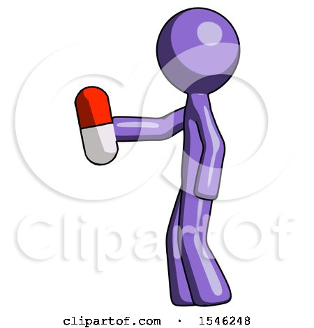 Purple Design Mascot Man Holding Red Pill Walking to Left by Leo Blanchette