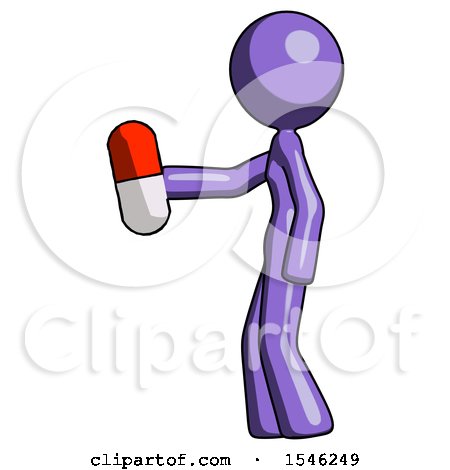 Purple Design Mascot Woman Holding Red Pill Walking to Left by Leo Blanchette