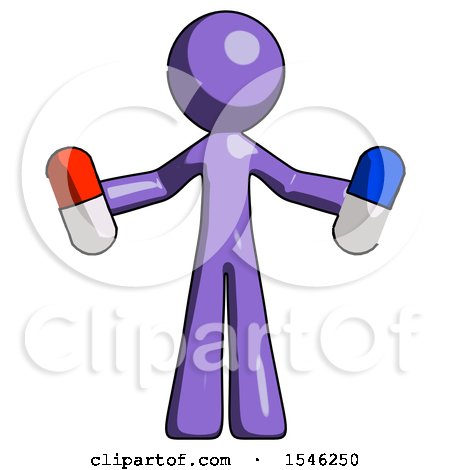 Purple Design Mascot Man Holding a Red Pill and Blue Pill by Leo Blanchette