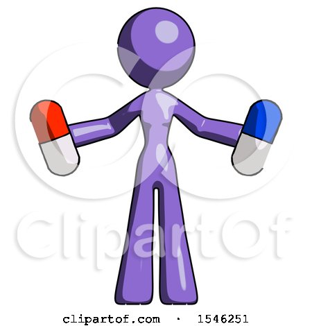 Purple Design Mascot Woman Holding a Red Pill and Blue Pill by Leo Blanchette