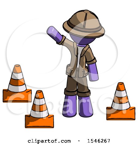 Purple Explorer Ranger Man Standing by Traffic Cones Waving by Leo Blanchette
