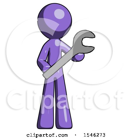 Purple Design Mascot Man Holding Large Wrench with Both Hands by Leo Blanchette