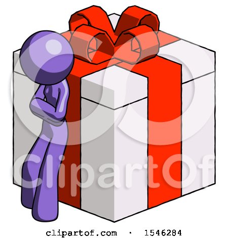 Purple Design Mascot Woman Leaning on Gift with Red Bow Angle View by Leo Blanchette