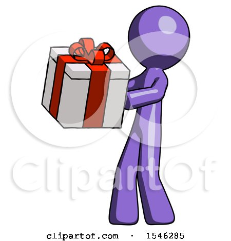 Purple Design Mascot Man Presenting a Present with Large Red Bow on It by Leo Blanchette