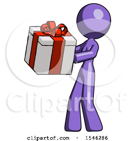 Purple Design Mascot Woman Presenting a Present with Large Red Bow on It by Leo Blanchette