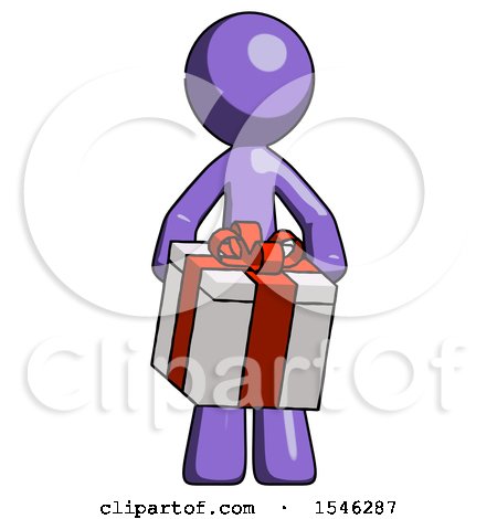Purple Design Mascot Man Gifting Present with Large Bow Front View by Leo Blanchette