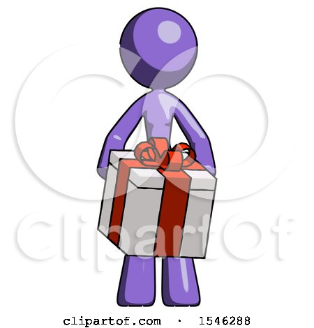 Purple Design Mascot Woman Gifting Present with Large Bow Front View by Leo Blanchette