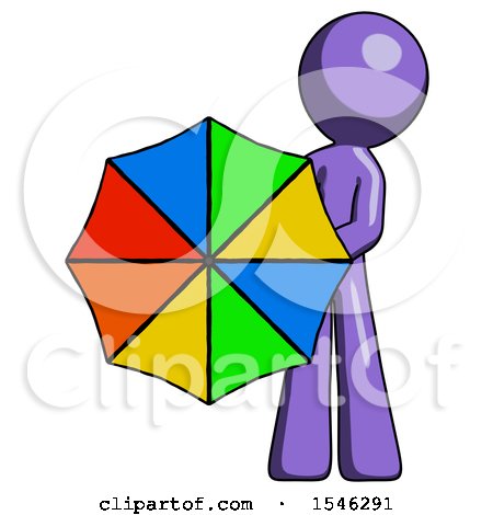 Purple Design Mascot Man Holding Rainbow Umbrella out to Viewer by Leo Blanchette