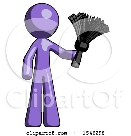 Purple Design Mascot Man Holding Feather Duster Facing Forward by Leo Blanchette