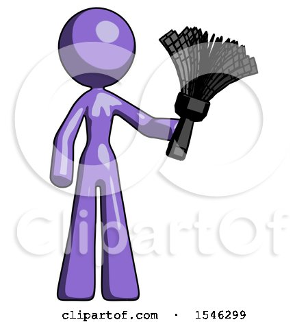 Purple Design Mascot Woman Holding Feather Duster Facing Forward by Leo Blanchette