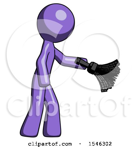 Purple Design Mascot Man Dusting with Feather Duster Downwards by Leo Blanchette