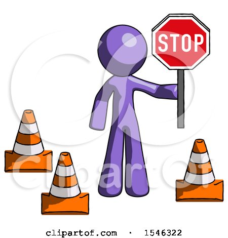 Purple Design Mascot Man Holding Stop Sign by Traffic Cones Under Construction Concept by Leo Blanchette