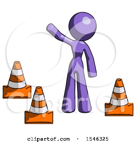 Purple Design Mascot Woman Standing by Traffic Cones Waving by Leo Blanchette