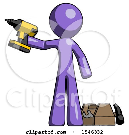 Purple Design Mascot Man Holding Drill Ready to Work, Toolchest and Tools to Right by Leo Blanchette